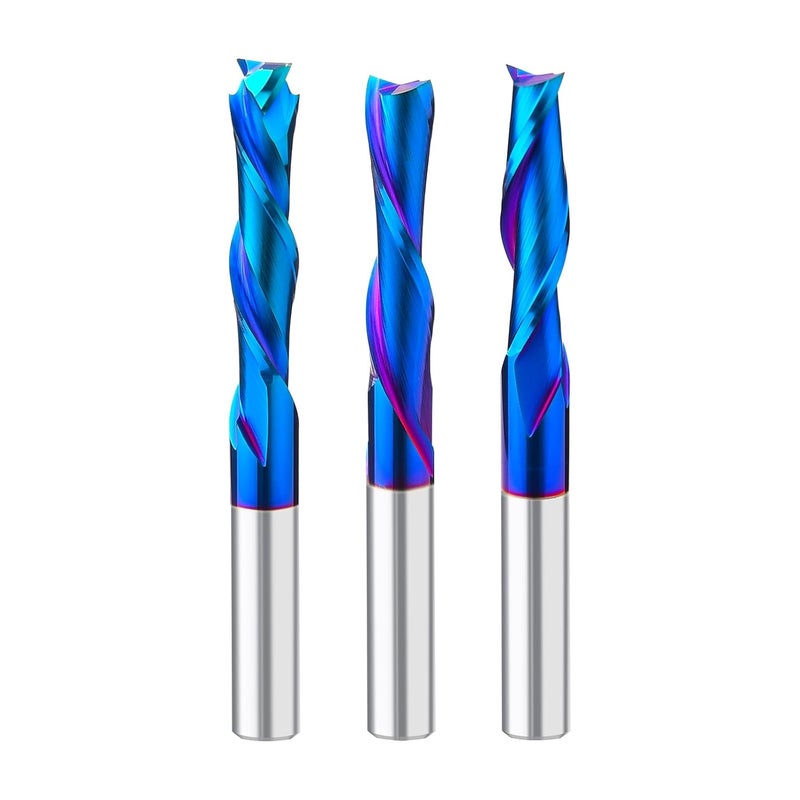 SILIVN CNC Router Bits End Mill for Wood Cut, Carving, Edge Trimming,1/4 Inch Shank Solid Carbide Flush with Nano Blue Coating, Set of 1Pcs Down Cut Bits+1Pcs Up Cut Bits+1Pcs Compression - Image 1